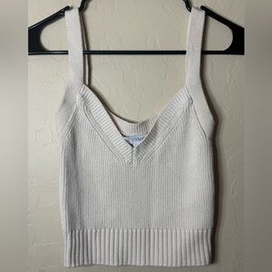 Intermix Silk Blend Rib Knit V Neck Crop Tank Top Ivory Minimalist Petite